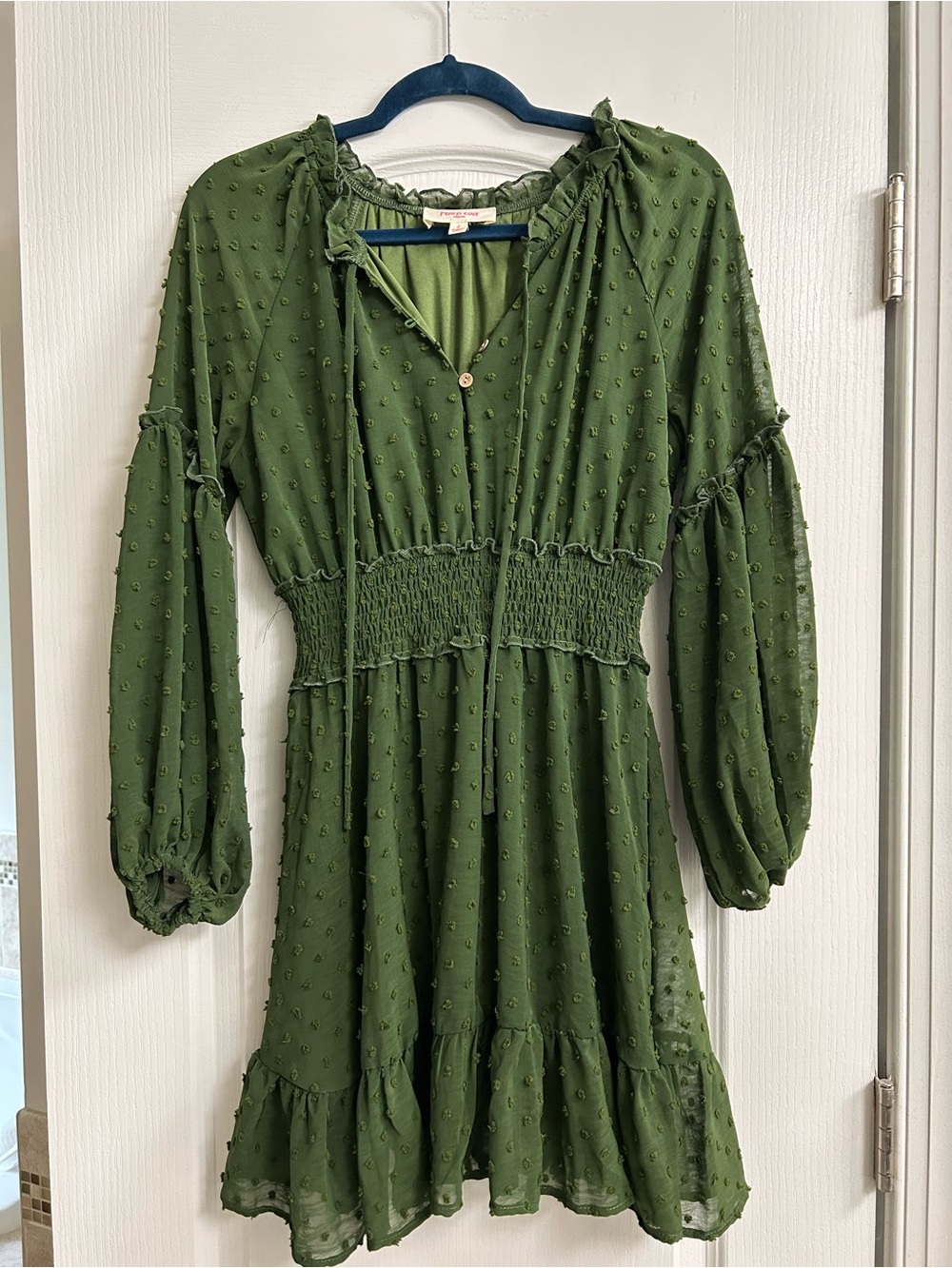 Peach Love California Olive Green Textured Swiss Dot Dress